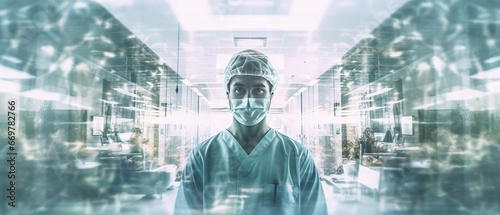Double exposure photography of closeup doctor and the hospital operating room.
