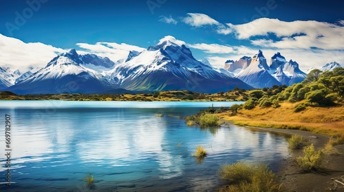 A breathtaking Patagonian landscape with majestic mountains mirrored in a serene lake captures nature s grandeur. Generative AI.