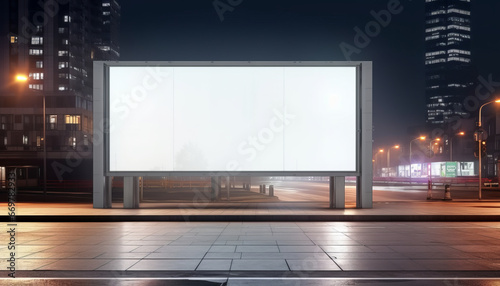 Blank white billboard at bus stand in evening rain, cityscape