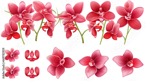 Set of red tropical orchid flower elements isolated on transparent background. Generative AI