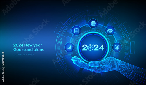 2024 New year Goals and plans icon in wireframe hand. Business plan and strategies. Goal acheiveement and success in 2024. Resolutions, plan, action, checklist concept. Vector illustration.