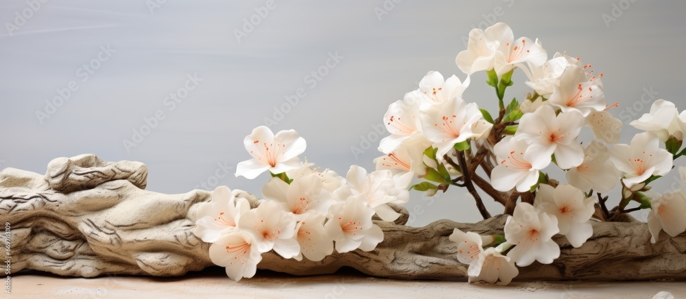 Close up view of white adenium flowers with ceramic foreground and stone background tilted landscape orientation