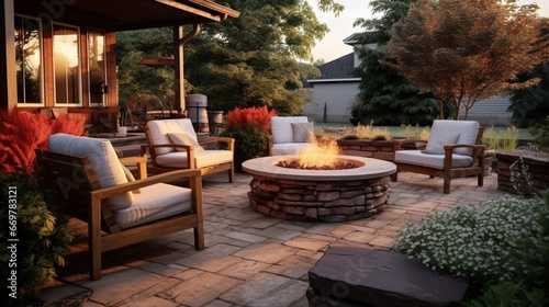 A cozy  stone-rimmed fire pit area surrounded by comfortable outdoor seating