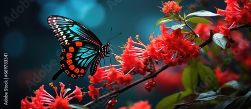 A pollinating butterfly sipping from red flowers
