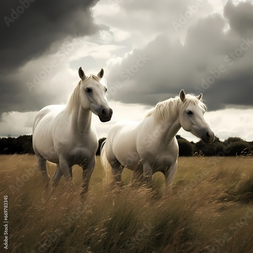 white horse running on meadow in oil painting style