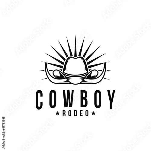 Cowboy hat rodeo and horn logo design vintage retro style