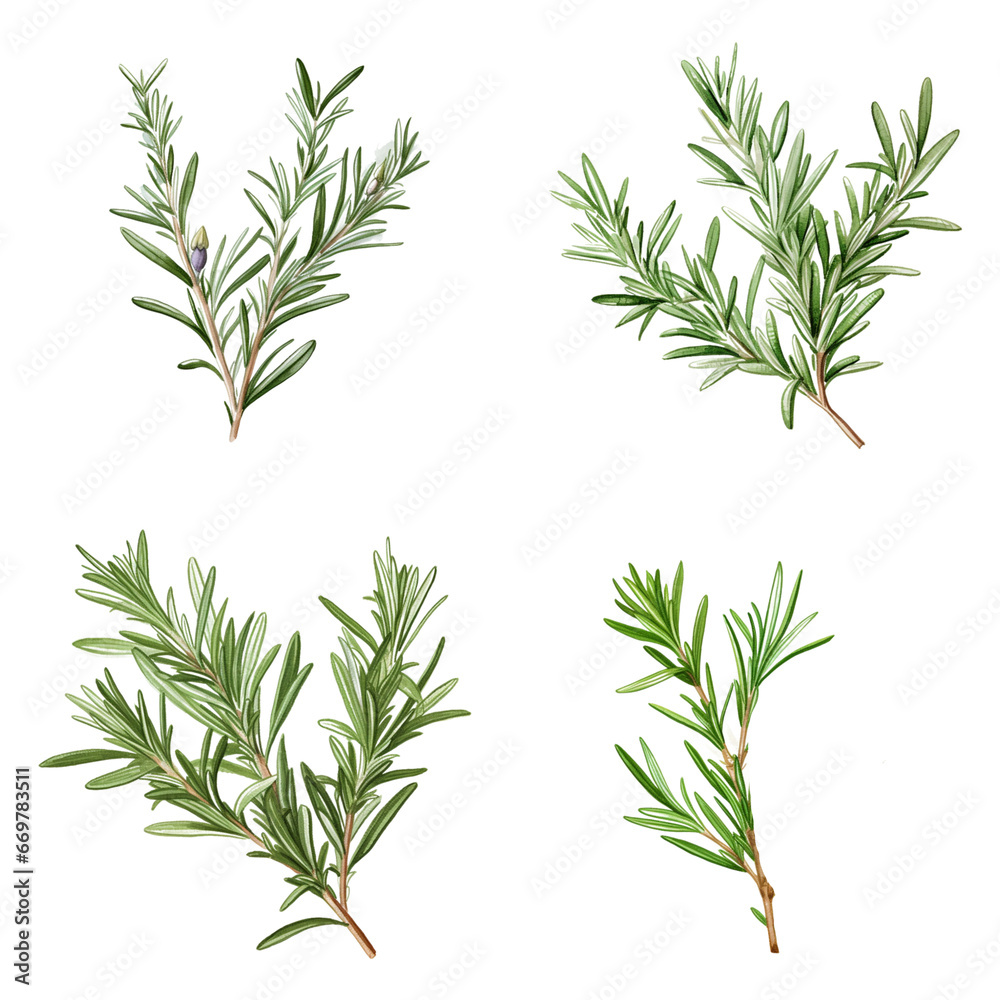 Fototapeta premium Set of watercolor fresh rosemary illustration on transparent background