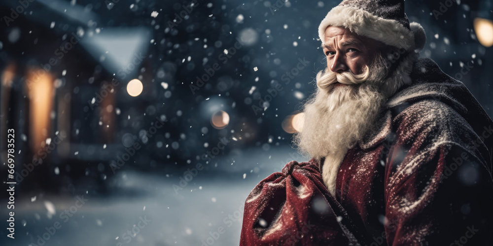 Santa Claus with Christmas Gifts Bag on a night snowy city street background. Merry Christmas and Happy New Year banner