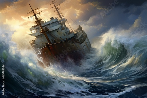 Stormy seas, cargo ship, crashing waves. Generative AI © Zaida