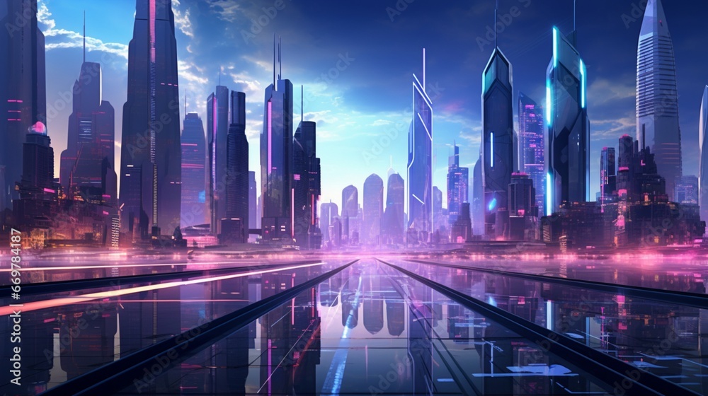 A futuristic cityscape illuminated by neon lights, reflecting off sleek glass buildings