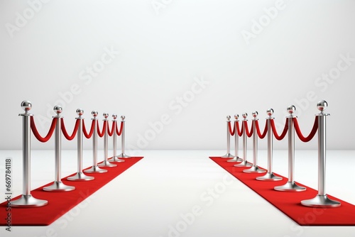 Red carpet and silver barriers with red cords signifying prestige and exclusivity. White background with no one around. Generative AI