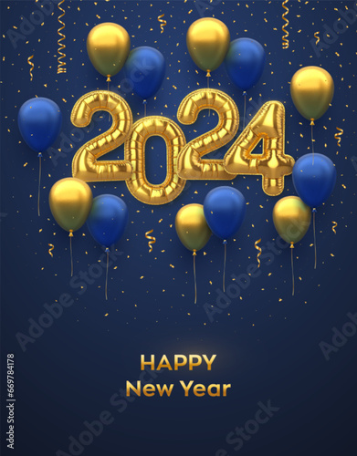 Happy New 2024 Year. Golden foil balloon numbers and inflatable holiday balloons on blue background. High detailed 3D realistic gold foil helium balloons. Christmas greeting card. Vector illustration.