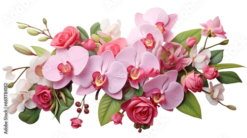 Beautiful pink bouquet of orchid and rose flowers with fresh tropical leaves isolated on transparent background. Perfect for wedding invitations  and decoration. Generative AI