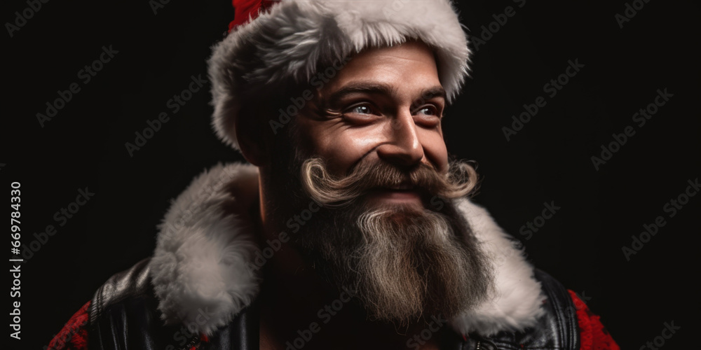 Modern Santa Claus. Portrait of a happy handsome brutal man in a Santa Claus costume on a black background. Merry Christmas and Happy New Year, XMas banner Modern Santa Claus. Portrait of a happy handsome brutal man in a Santa Claus costume on a black background. Merry Christmas and Happy New Year, XMas banner