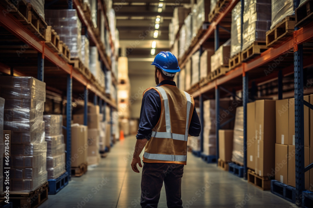 Rear view of male warehouse worker walking in warehouse. This is a freight transportation and distribution warehouse. Industrial and industrial workers concept
