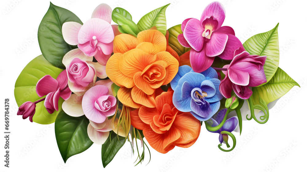 Beautiful bouquet of colourful orchid and rose flowers with fresh tropical leaves isolated on transparent background. Perfect for wedding invitations, and decoration. Generative AI - obrazy, fototapety, plakaty 