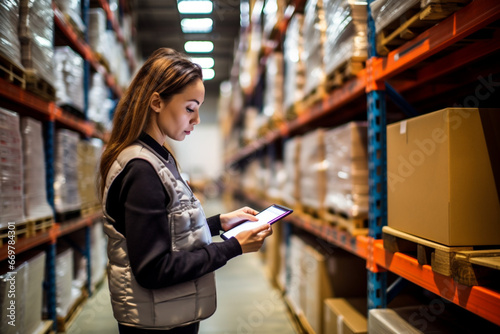 Portrait of confident warehouse worker using digital tablet while standing in warehouse