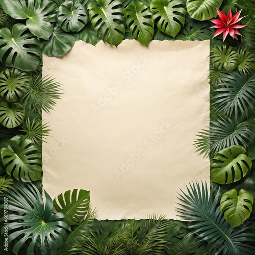 Blank paper decorated tropical plants around background. A Generative AI Digital Illustration.
