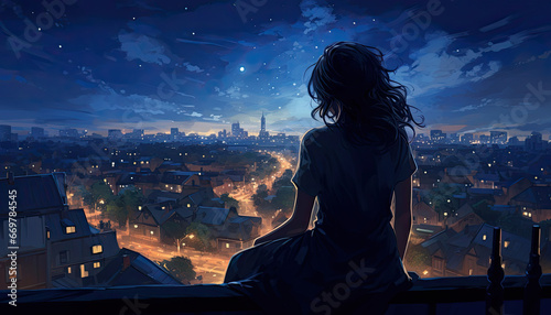 A girl standing on the balcony looking down at the night city, feeling lonely