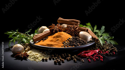 Different spices laid out on a black countertop. Cinnamon sticks, peppercorns, coriander, star anise, garlic, chili peppers, herbs, turmeric powder. Indian quisine. photo