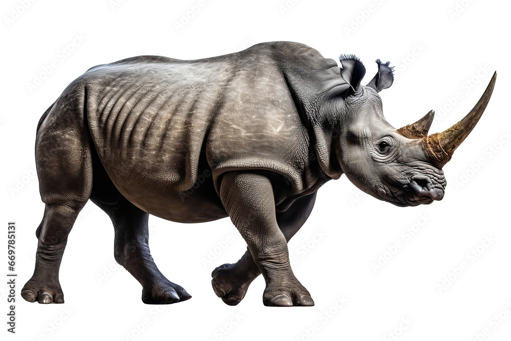 Fototapeta premium Isolated side view of walking rhino on transparent background.
