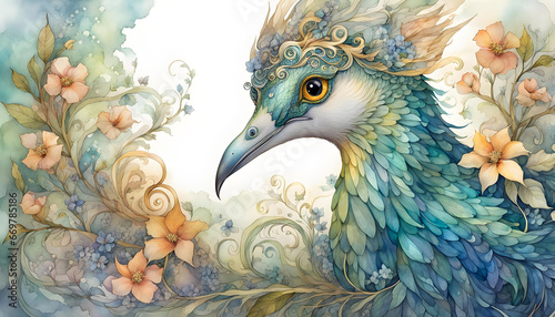 Digital watercolor illustration of a beautiful magical fantasy bird with bright wings and a wavy tail with flowers in the branches © Perecciv
