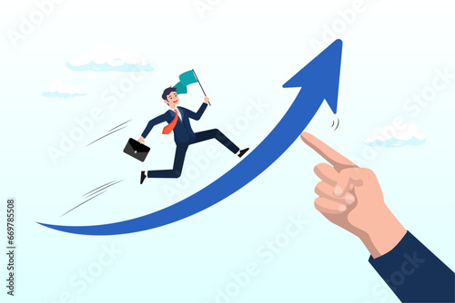 Businessman hand help push arrow rising up for success, career growth or increase productivity, motivation for success career development, increase revenue, income or profit, help or support (Vector)