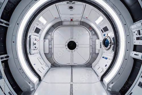 A sealed hatch or shut door on a space station for docking and to interconnect to a spacecraft and other space module. Interconnecting cylindrical compartment or docking port on a spaceship.