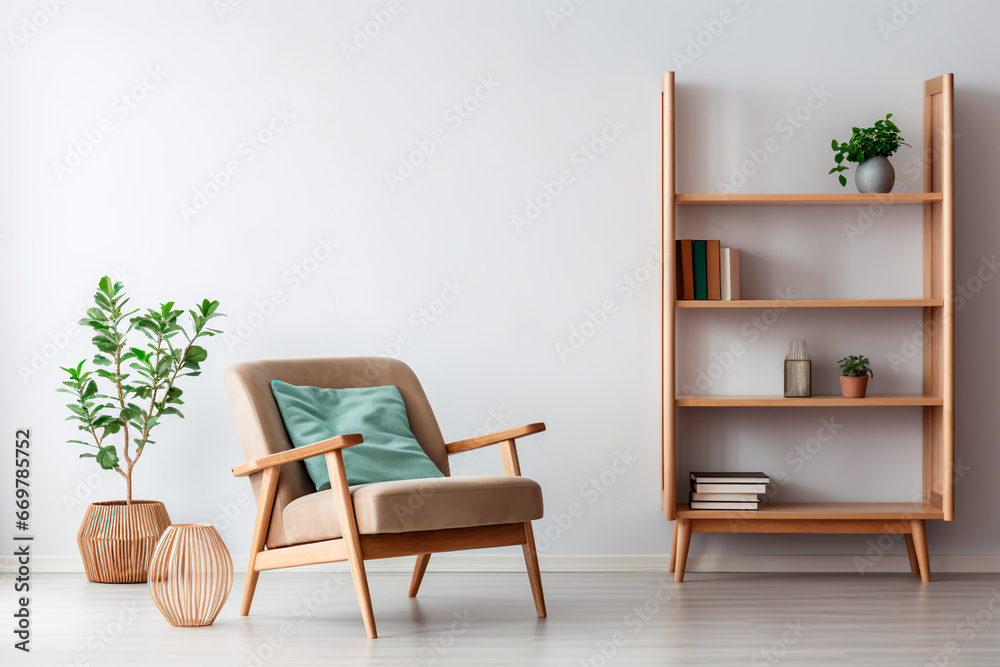 In the modern living room, a Scandinavian interior design is highlighted by a wooden bookshelf and an armchair.
In the modern living room, a Scandinavian interior design is highlighted by a wooden bookshelf and an armchair.