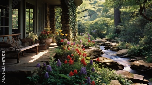 A graceful stone veranda overlooking a bubbling brook and vibrant wildflowers