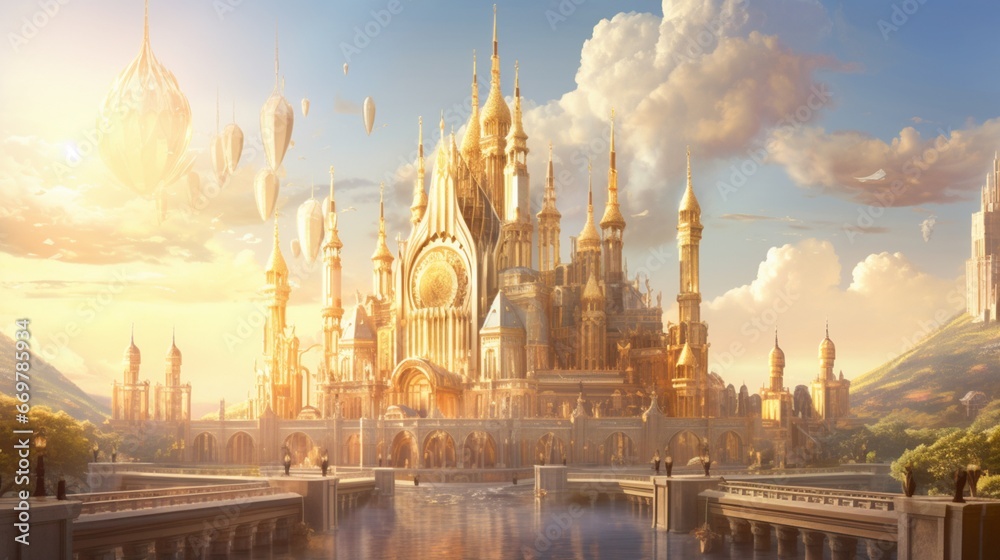 A grandiose cathedral bathed in golden sunlight, its spires reaching for the heavens