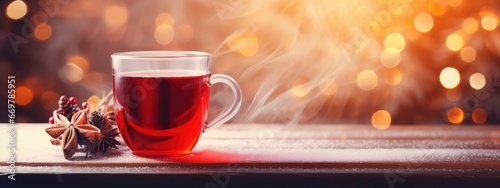A cup of hot warming tea in winter weather overlooking the snowy forest. hot winter medicinal drink. Black tea.