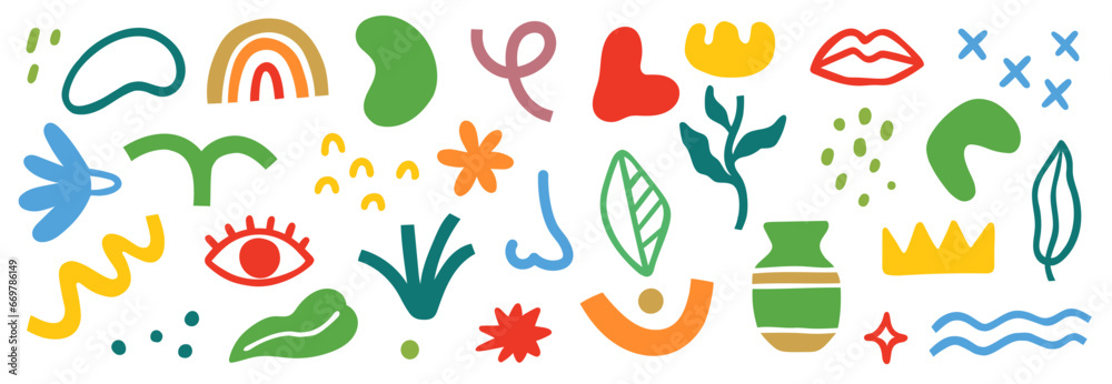 Obraz premium Abstract blob shape doodle set element. Geometric abstract flower, blob face, organic doodle modern shape. Creative graphic design playful, cute color poster elements. Vector illustration
