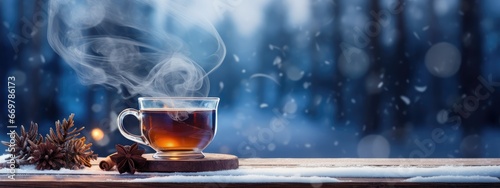 A cup of hot warming tea in winter weather overlooking the snowy forest. hot winter medicinal drink. Black tea.