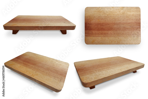Set collection of wooden cutting board or tray cut out isolated, various angle