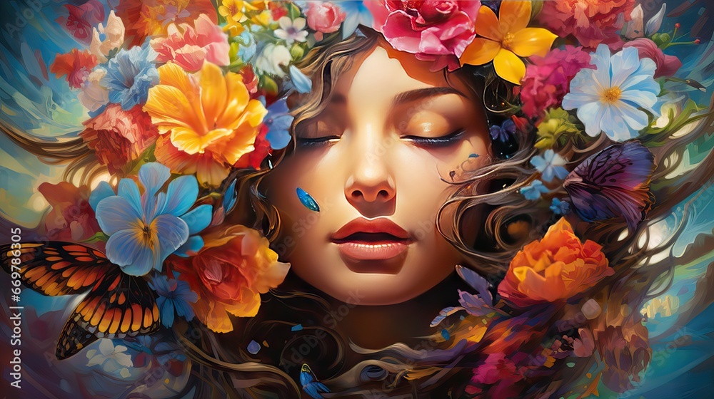 A woman blends seamlessly with an array of vibrant, beautiful flowers, embodying vitality and an exquisite sense of beauty and aesthetics. Generative AI. A woman blends seamlessly with an array of vibrant, beautiful flowers, embodying vitality and an exquisite sense of beauty and aesthetics. Generative AI.