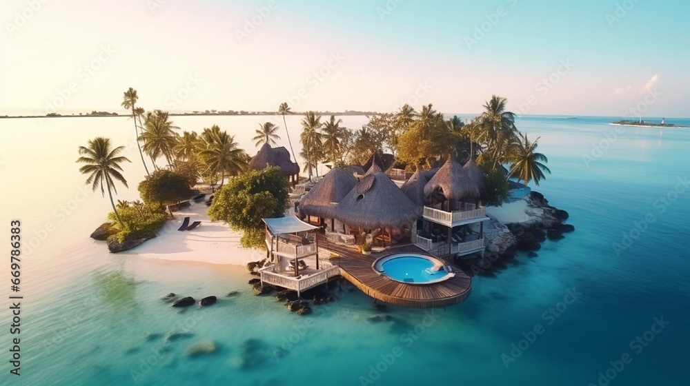 Naklejka premium Summer sunset aerial view of a nice hotel on the sea in the ocean. , Zanzibar. View from the top. A seascape with a wooden hotel, azure water, a sandy beach, and green palm palms. opulent resort