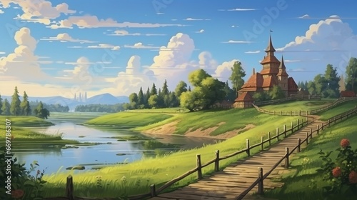 An historic fortress's wooden gangway on the riverbank, surrounded by beautiful forests and rural cottages. Summer evening scenery with green grass and azure sky