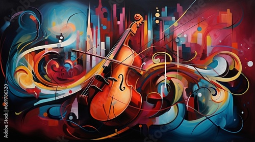 Music and rhythm are the subjects of this abstract painting.