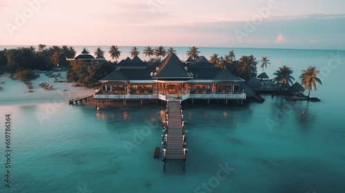 Summer sunset aerial view of a nice hotel on the sea in the ocean. , Zanzibar. View from the top. A seascape with a wooden hotel, azure water, a sandy beach, and green palm palms. opulent resort