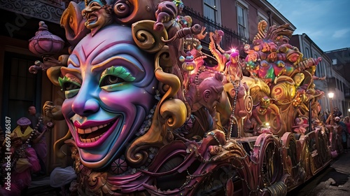 An anthropomorphic demon-like creature parades through a carnival, showcasing the world's traditional and cultural festivities in full swing. Generative AI.