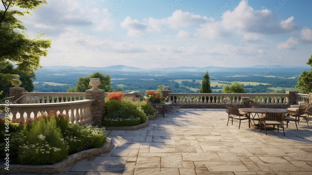 A grand stone terrace overlooking a majestic, rolling landscape of greenery