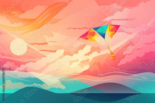 Illustration of a kite flying in a blue sky with pink clouds. Generative AI