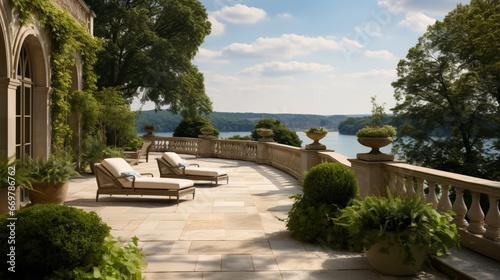 A grand stone terrace overlooking a sweeping expanse of manicured greenery