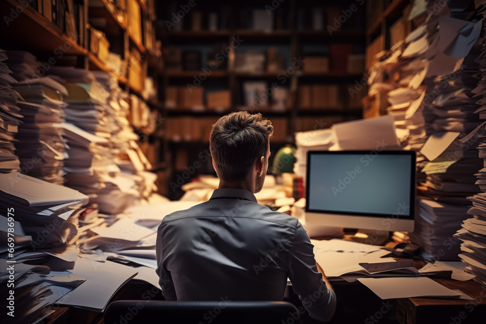Stressed exhausted business executive in the office overloaded with work, he has stacks of paperwork on the desk Stressed exhausted business executive in the office overloaded with work, he has stacks of paperwork on the desk