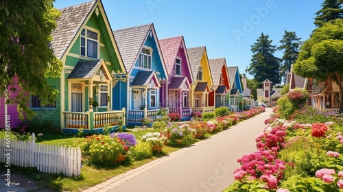 On a lovely summer day, beautiful colorful gingerbread houses and cottages in Oak Bluffs town, Martha's Vineyard island in Massachusetts. photo
