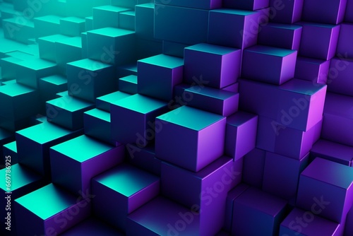 3D blocks create a wall in purple and turquoise. Tech wallpaper with space for text. Generative AI