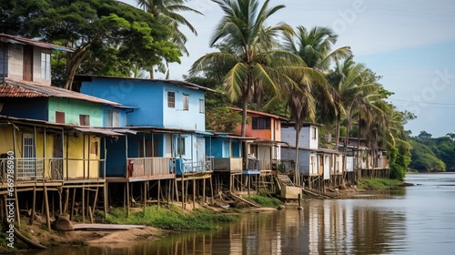 Riverside homes on the Amazon River's banks in the Amazon region.