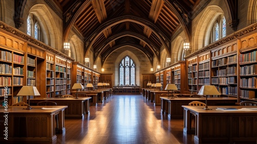 Photo A grand university library with soaring, arched ceilings and rows of oak bookshe