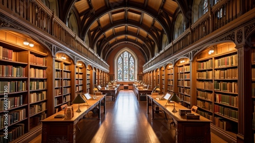 A grand university library with soaring, arched ceilings and rows of oak bookshelves